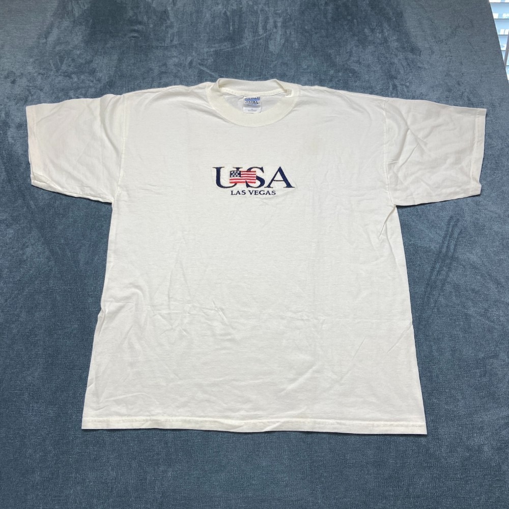 Vintage Gildan USA Las Vegas T Shirt Mens XL White Embroidered Short Sleeve